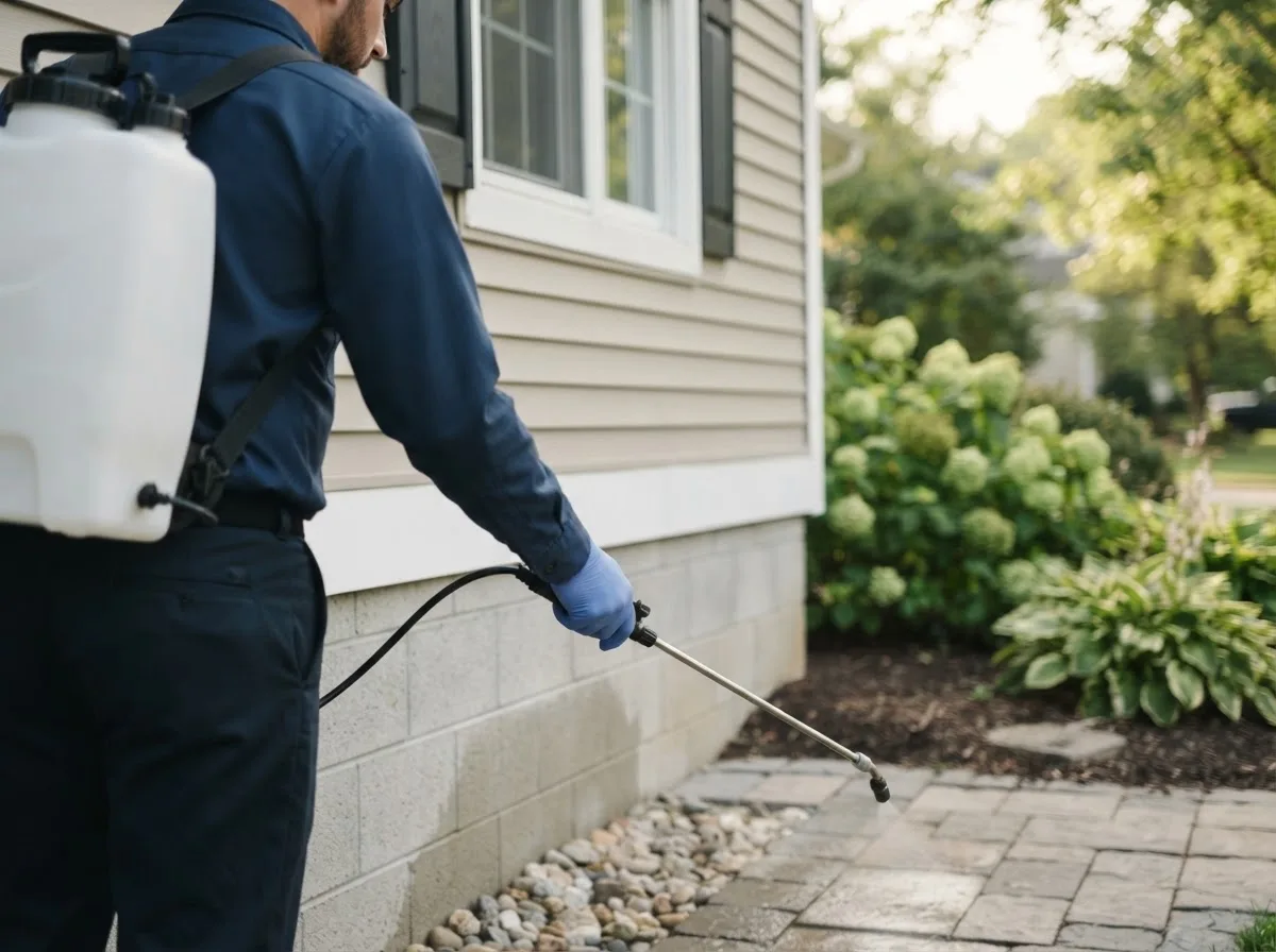 Pest control technician inspecting a home in Wardville, OK